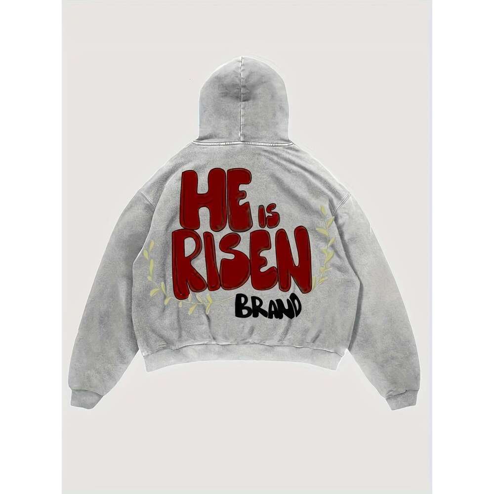 Y2k Style Graphic Print Hoodie With Kangaroo Pocket - "He IS Risen" Design, 100% Polyester, Lightweight & Comfortable, All-Season Casual Wea