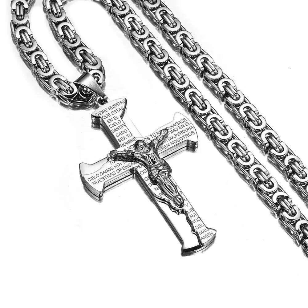 Jesus Crucifixion Cross Pendant Necklace For Men Women Gold Sier Black Color Stainless Steel Byzanine Chain