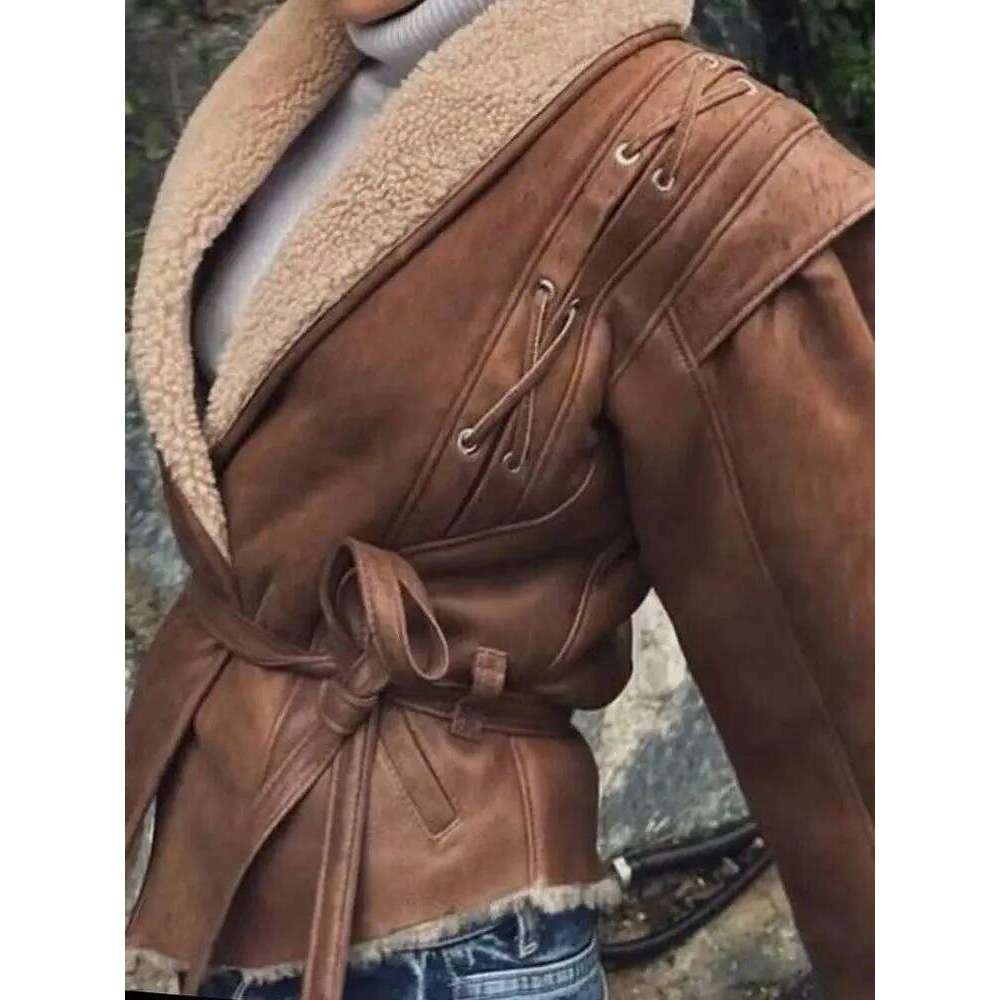 Leather Women's With Belt Fur Coat Streetwear Fashion Solid Outwear Woman Elegant Jackets Chaqueta De Cuero Para Mujer