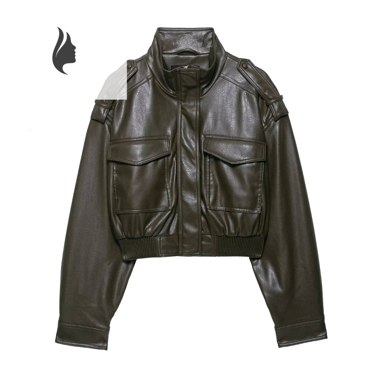 winter jacket women PB&ZA2025 autumn new women's casual fashion simple versatile shiny imitation leather stand collar long sleeve short jacket