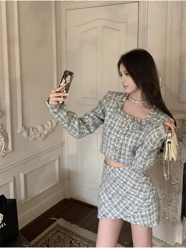 French Square Collar Tweed Womens Suit Jacket Autumn Long Sleeve Short Coat Slimfit Plaid Top High Waist Skirt Twopiece Set 251023