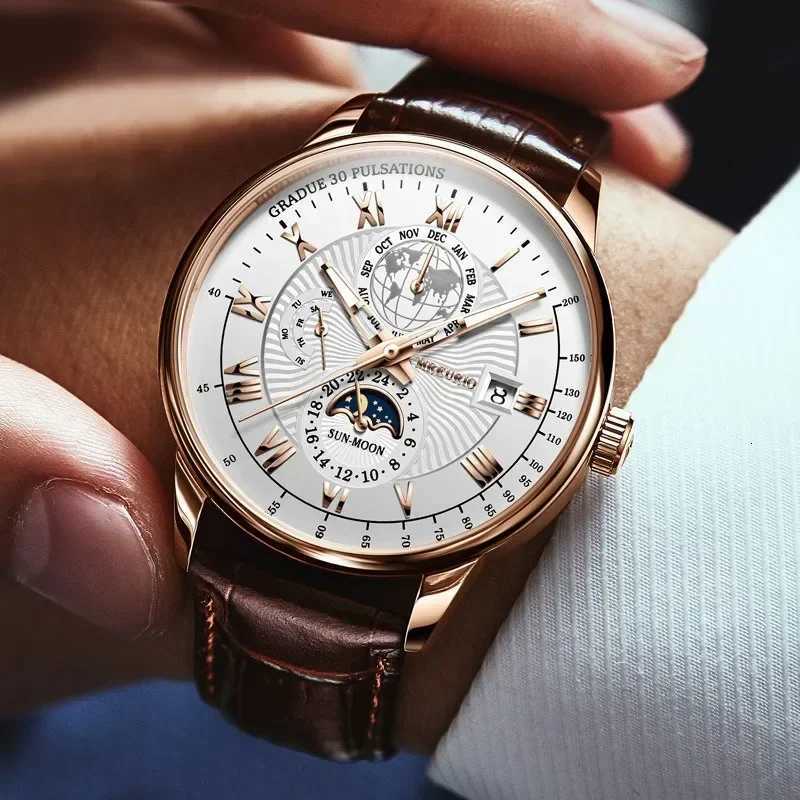 Luxury Man Watch Waterproof Chronograph Moon Phase Pattern Luminous Mens Wristwatch PU Leather Men Quartz Watches Casual ClockT251027