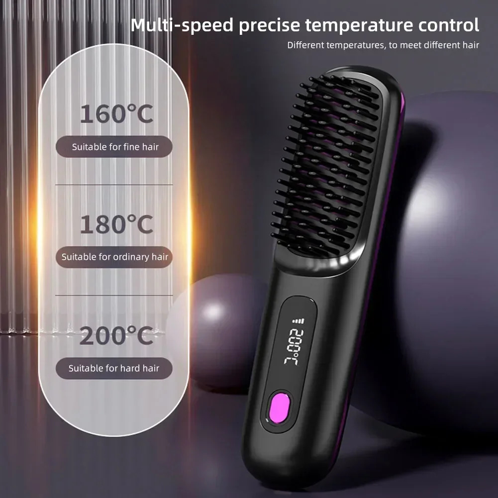 Electric LCD Usb Ceramic Heating Straight Hair Comb Wireless Portable Negative Ion Styling Tool Rechargeable Straightening Brush 251027