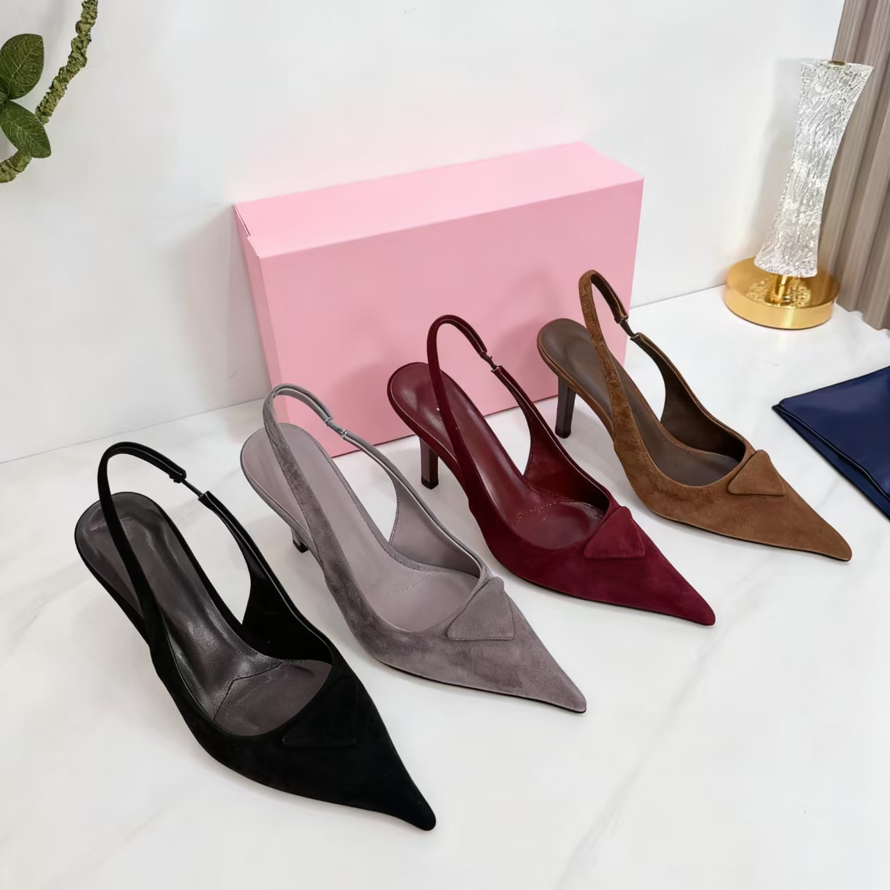 New deerskin 7.5cm Slingbacks high heels Elegant Pointed Toe Heels Women Dress Sandals Burgundy Grey Back 35-42 Bring bag