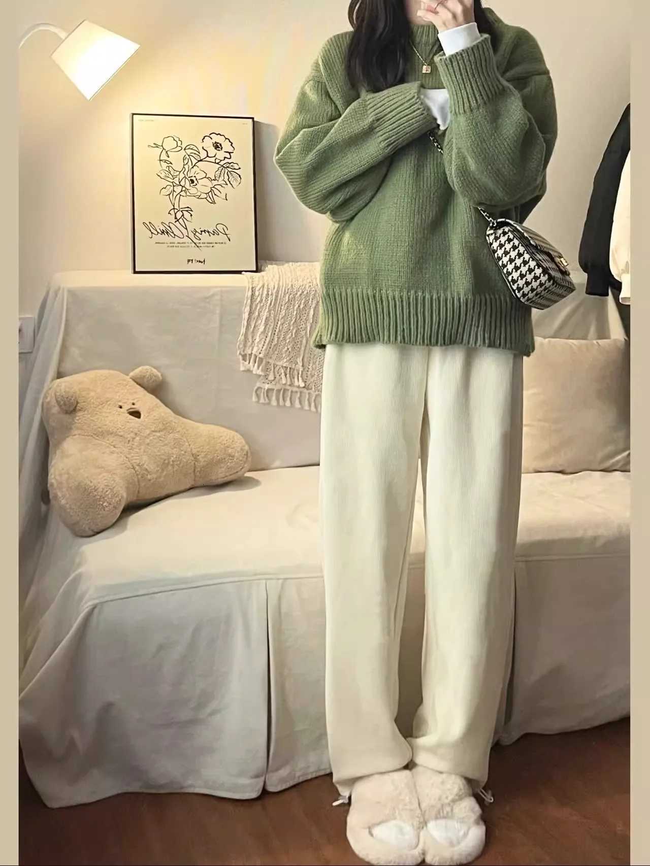 New ONeck Loose Green Pullover Sweater For Women Autumn Winter Thick Retro Japanese Lazy Style Interior Bottom Knitted TopT251027