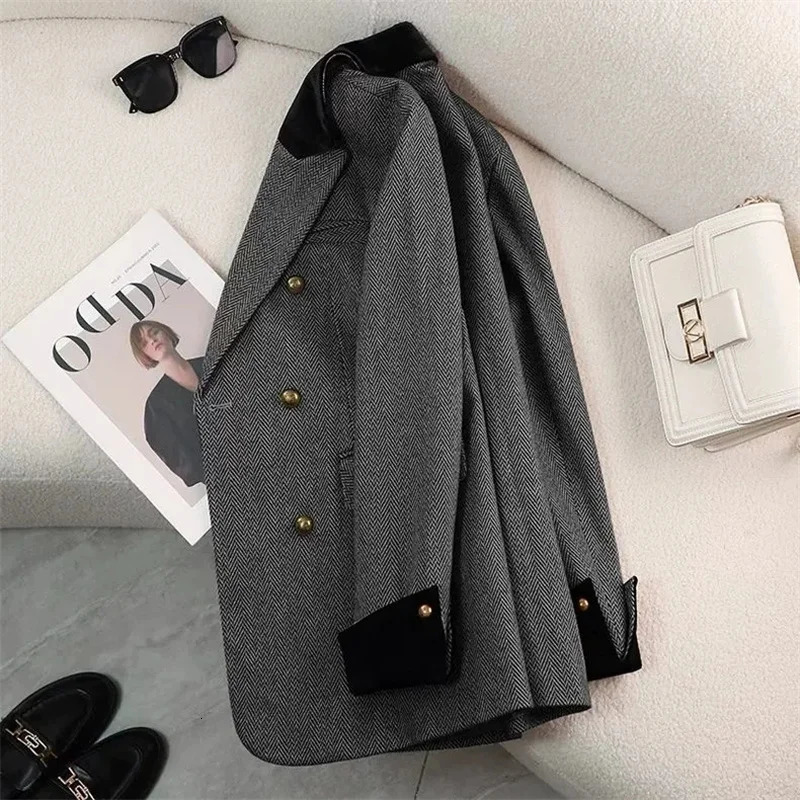 Womens Office Woolen Suit Jacket for women Autumn Winter Chic gray Herringbone pattern Female Thick Casual Coat 251027