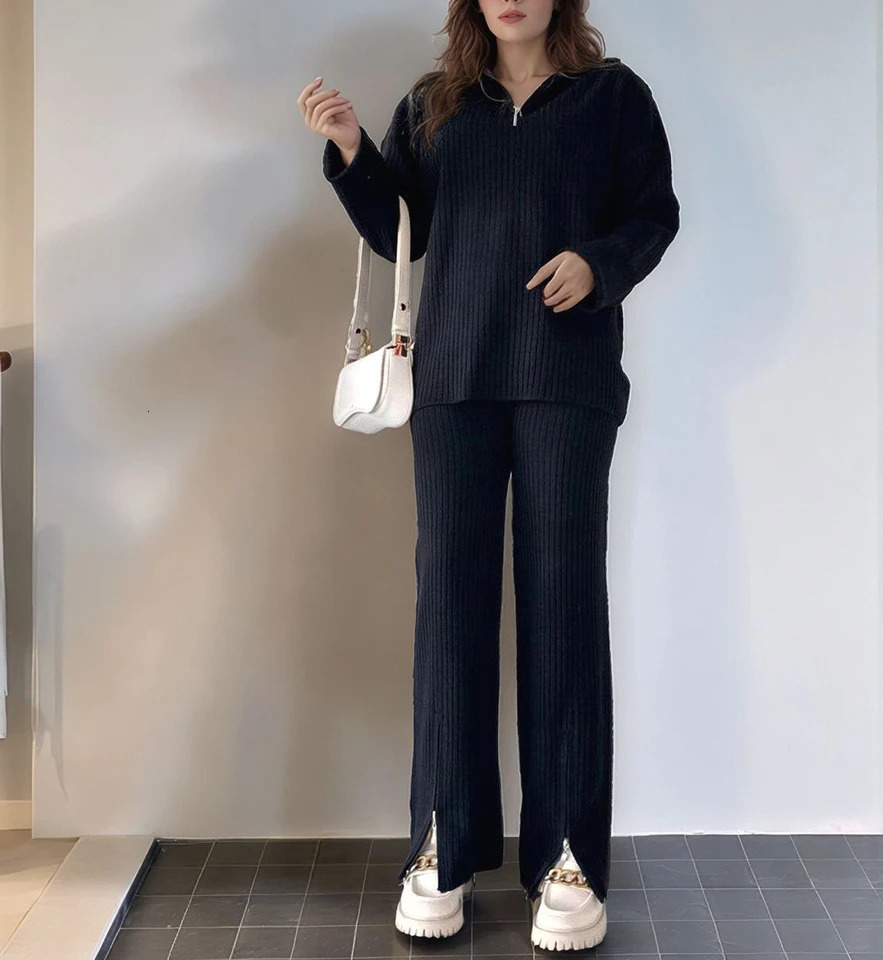 European and American Cross border Autumn Winter Womens Solid Color Zipper Knitted Set High Collar Pit Strip Home 251027