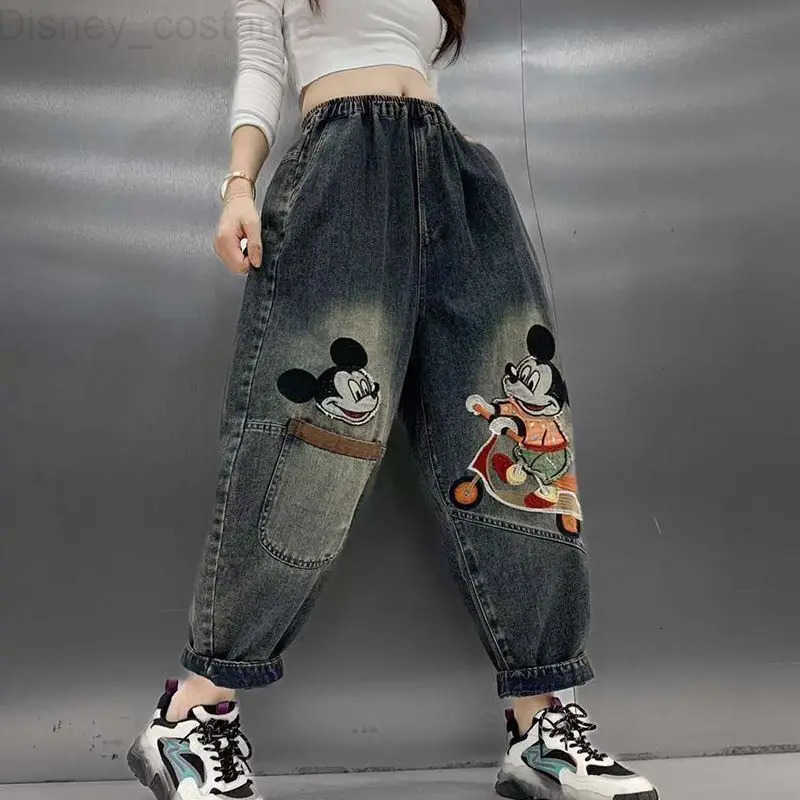 Disney Cartoon Mickey mens and womens new cute creative graphic print personality fashion loose and comfortable retro jeans H251027