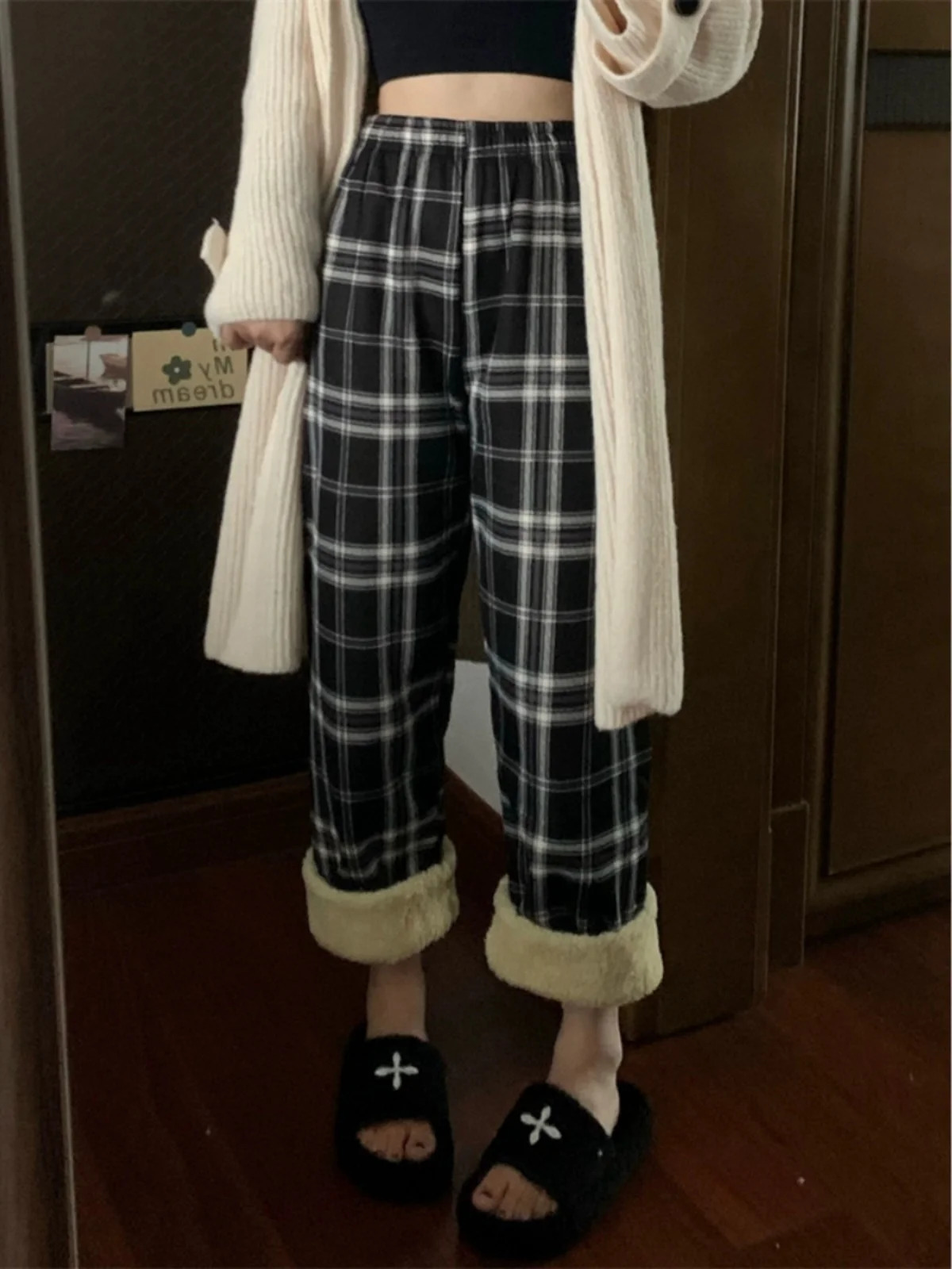 Lamb Velvet Fce Lined Thiened Plaid Casual Pants Womens Autumn Winter Loose Straight Wide Leg Cotton Spwear 251027