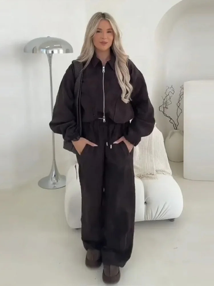 Casual Womens Jacket Pants Suits Zipper Lapel Pocket Jackets Long Straight Trousers Set Autumn Winter 2 Pieces Sets Female 251027