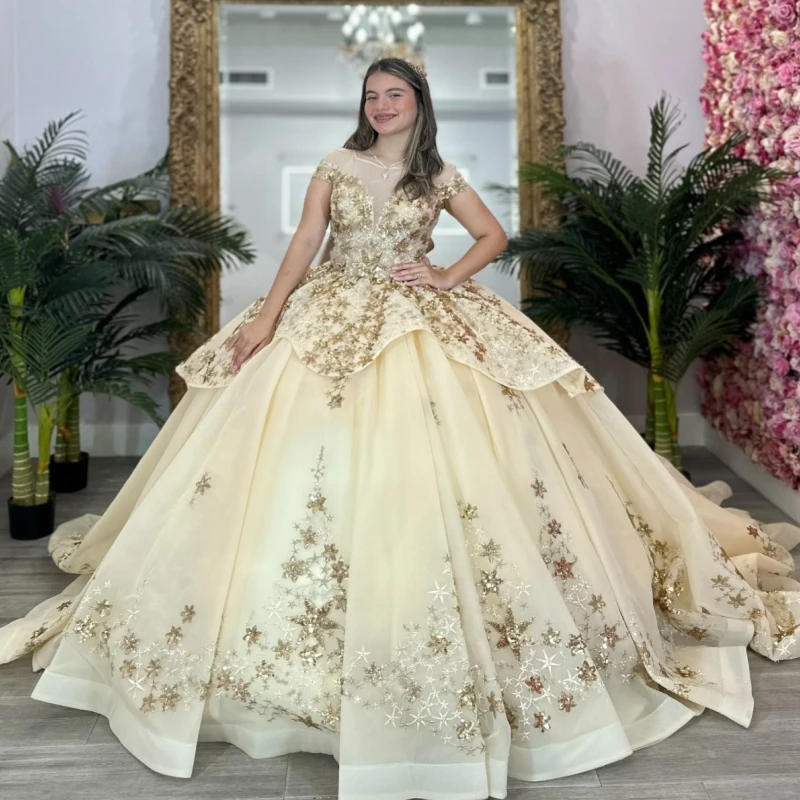 Khaki Quinceanera Dresses Off The Shoulder Sequin Applique Lace Beading Crystal Tull Party Birthday Sweet 16 Dress Vestidos 15 Anos