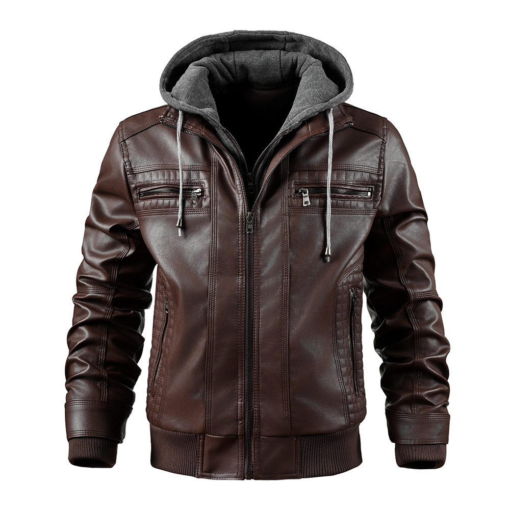 Men's Leather Jackets Autumn and Winter Hooded Motorcycle Jackets Windproof Coldproof and Warm Men Coat Jacket
