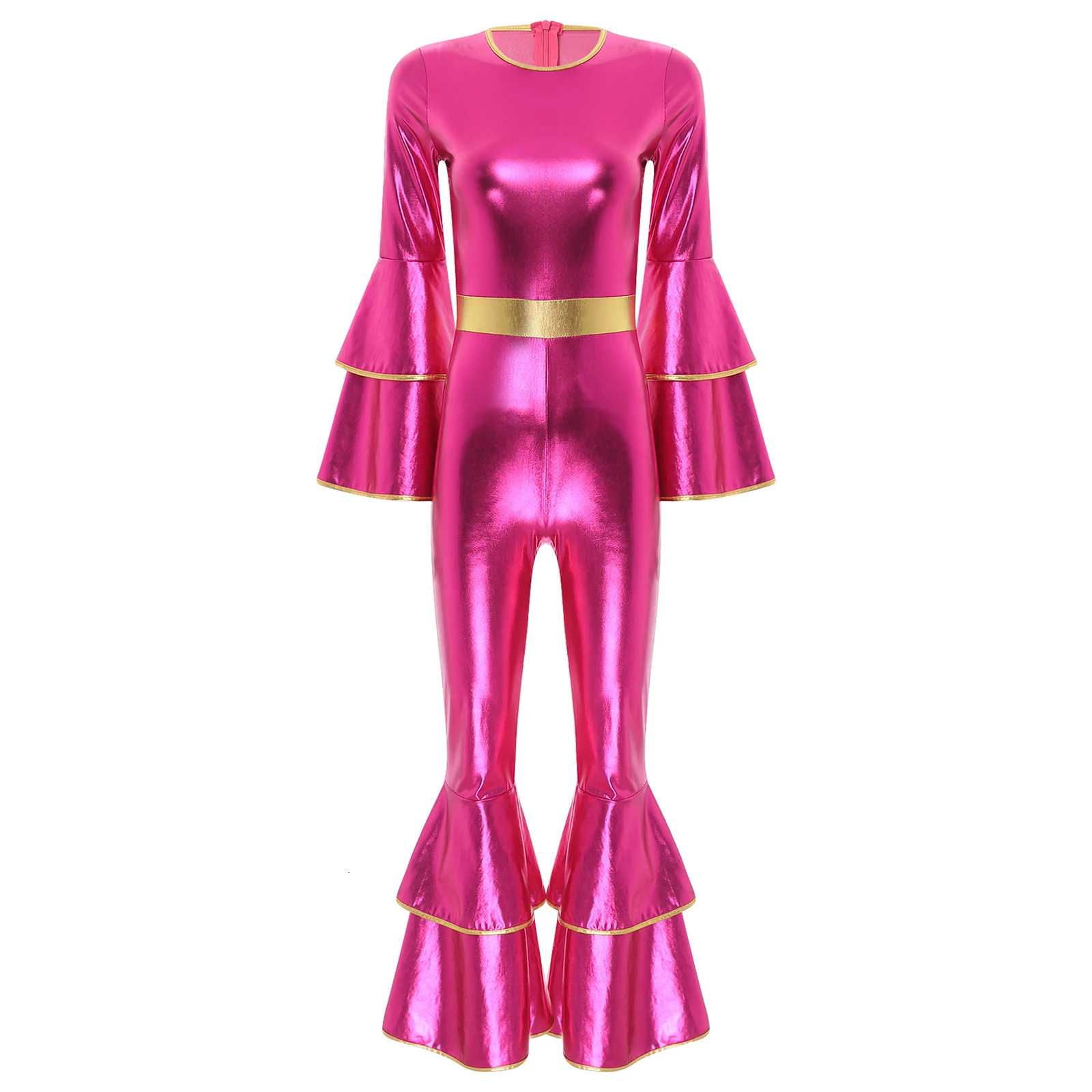 Womens 70S Disco Vintage Jumpsuit Metallic Shiny Flare Sleeve Bodysuit Hippie Bell Bottom Jazz Dance Carnival Rave Party Costume 251027