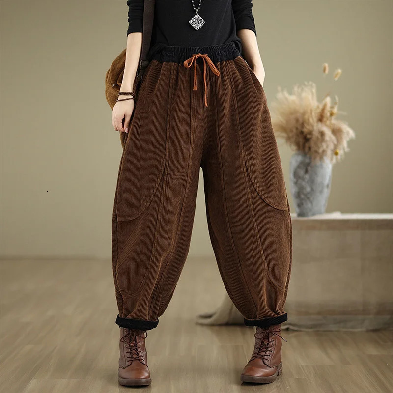 Corduroy Bloomers Women Loose Harlan Elastic Waist Warm Retro Trousers Autumn Winter Fashion Big Pocket WideLeg Pants 251027