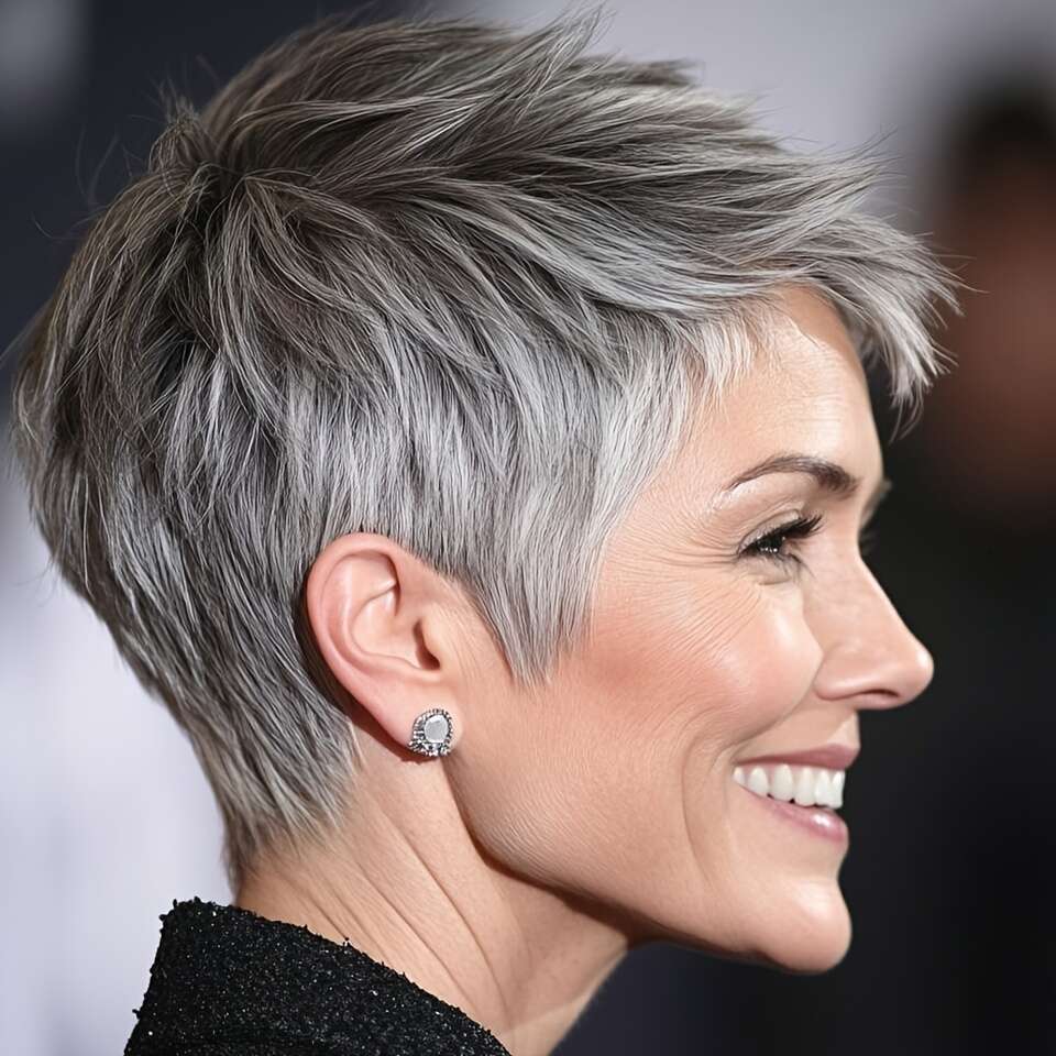 Women's Brazilian Remy Human Hair Wig Ash Grey Pixie Cut With Bangs, 180% Density Looking Layered Hair, Straight Salt Pepper Short Style Daily We