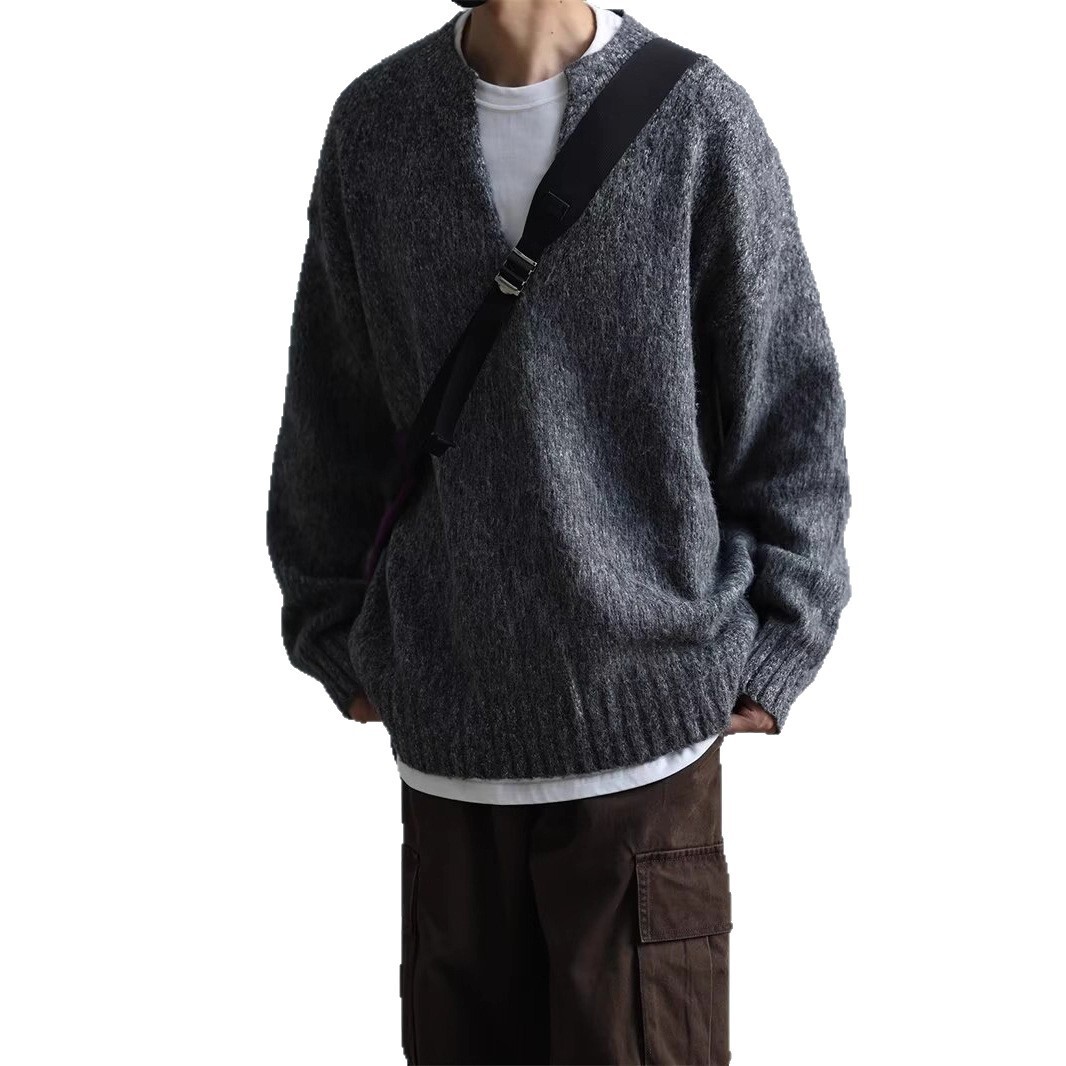 Korean Version INS Solid Color V-neck Sweater Designer Sweater Men Winter High-end Feel Loose Lazy Knitted Sweater Versatile Knitted Top