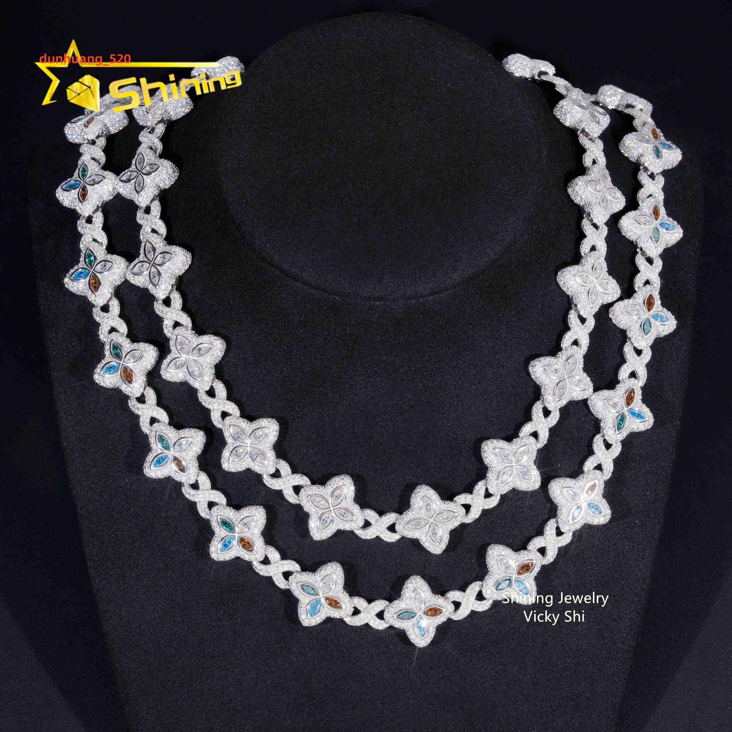 Rapper Hip Hop Jewelry Iced Out Moissanite Necklace 925 Silver Colored Four Leaf Clover VVS Moissanite Cuban Link Chain