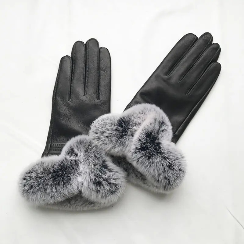 Women Winter Genuine Sheepskin leather Glove With Rex Rabbit Fur Cuff Warm Winter Female Genuine Leather Gloves Hand Warmer 251021