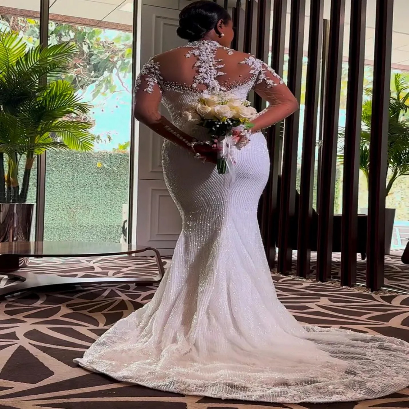 Arabic Aso Ebi Plus Size Wedding Dress in White with Florals Lace Beaded Sheer Neck and Sequined Detail