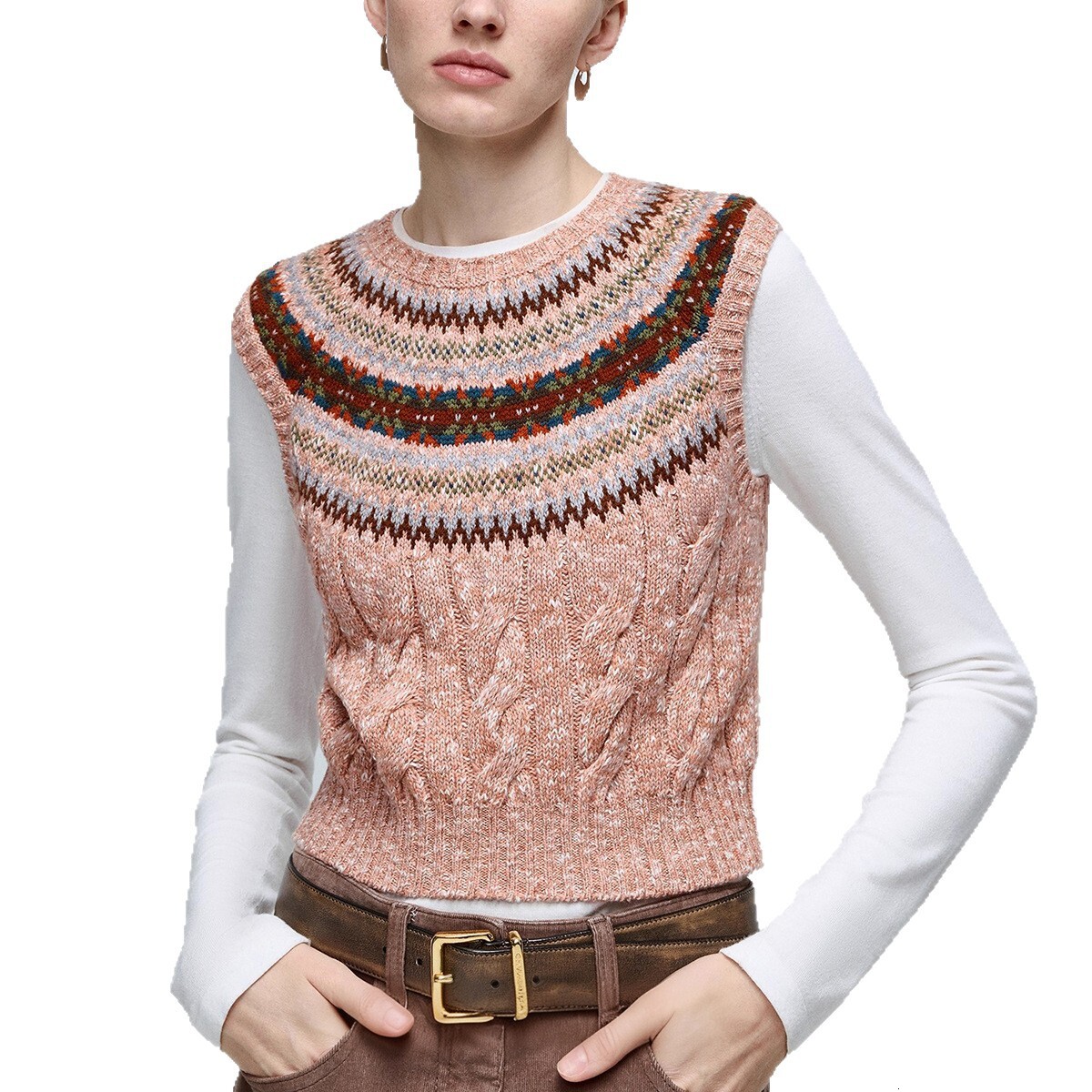 Designer's fashionable retro knitted wool cotton blended fancy yarn open top wool vest