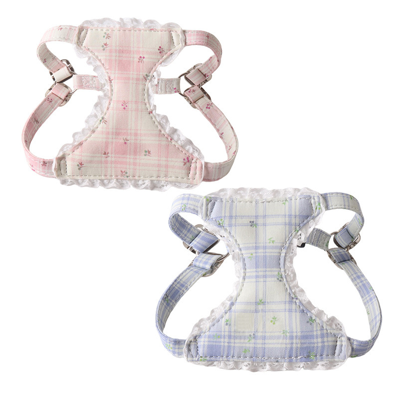 Vintage Plaid Lace Dog Harness and Leash Set, Adjustable Elegant Pet Vest Harness ,Breathable Outdoor Walking Pet Supplies for Small Medium Dogs B156