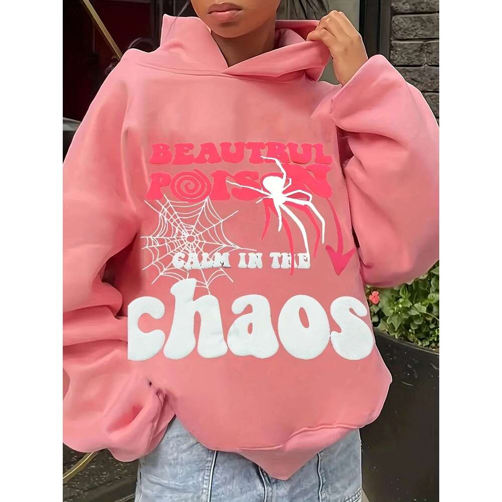 Y2k Graphic Print Hoodie For Women - Pink Geometric Pattern Pullover With "Beautiful Poison" & "Calm In The Chaos" Design, Long Sl