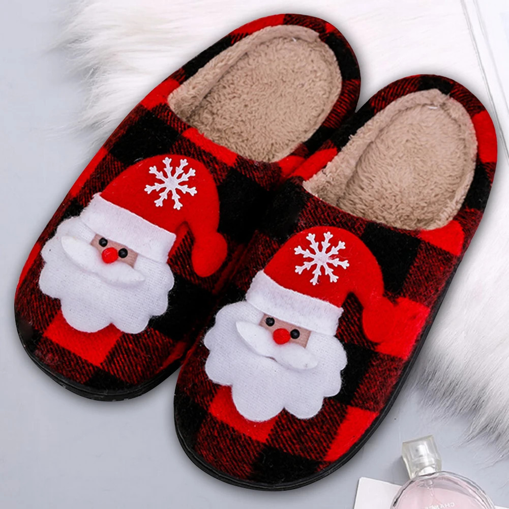 Christmas Fluffy Fur Slippers Cozy Santa Claus Plush Closed Toe Slippers Flat Plush Slipon House Shoes Plaid Household Supplies 251027