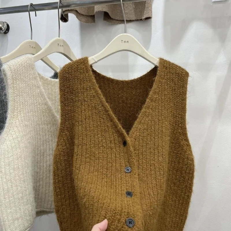 Autumn Winter V Neck Single Button Vest Grey Loose Knit Cardigan Women Fashion Thick Wool Guangzhou Story Niche Sweater 251027