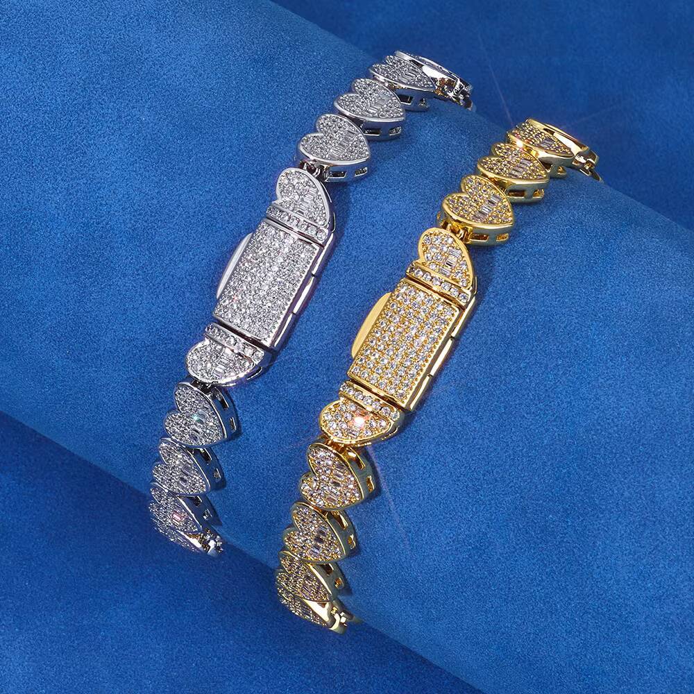 NUOYA Womens 8mm Tennis Chain 925 Silver Iced Out VVS Moissanite Mixed Inlay Baguette Heart Bracelet Hip Hop Fine Jewelry