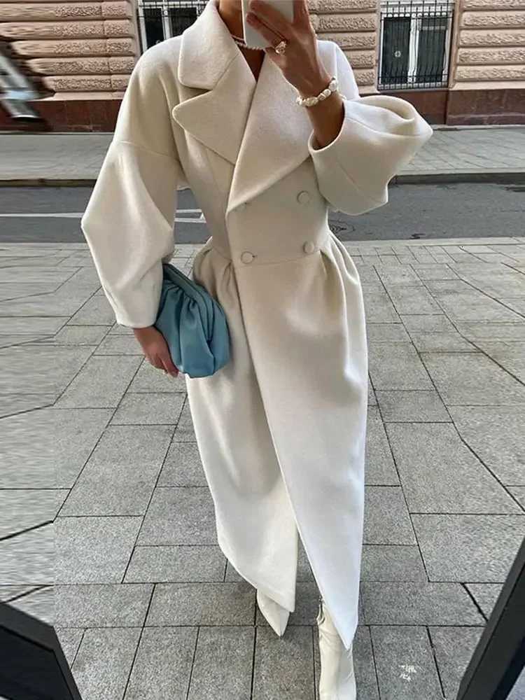 Women Lapel Lantern Sleeve Long Jackets Solid Double Breasted Waist Fold Woolen Coat Winter Thick Warm Female Elegant Outwear M251027