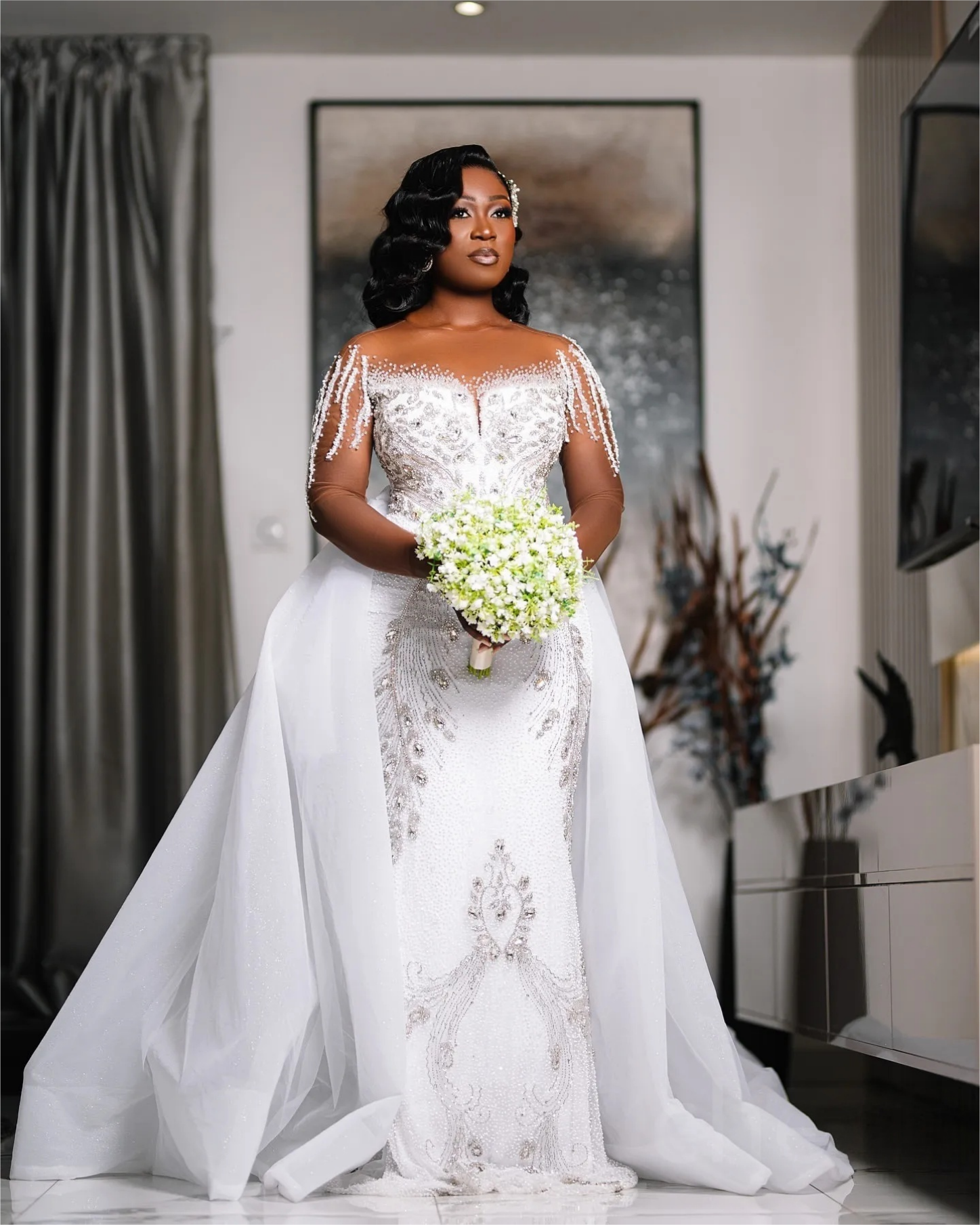 Arabic Aso Ebi Plus Size Wedding Dress in White with Beaded Crystals Sequined and Detachable Train Luxurious Style