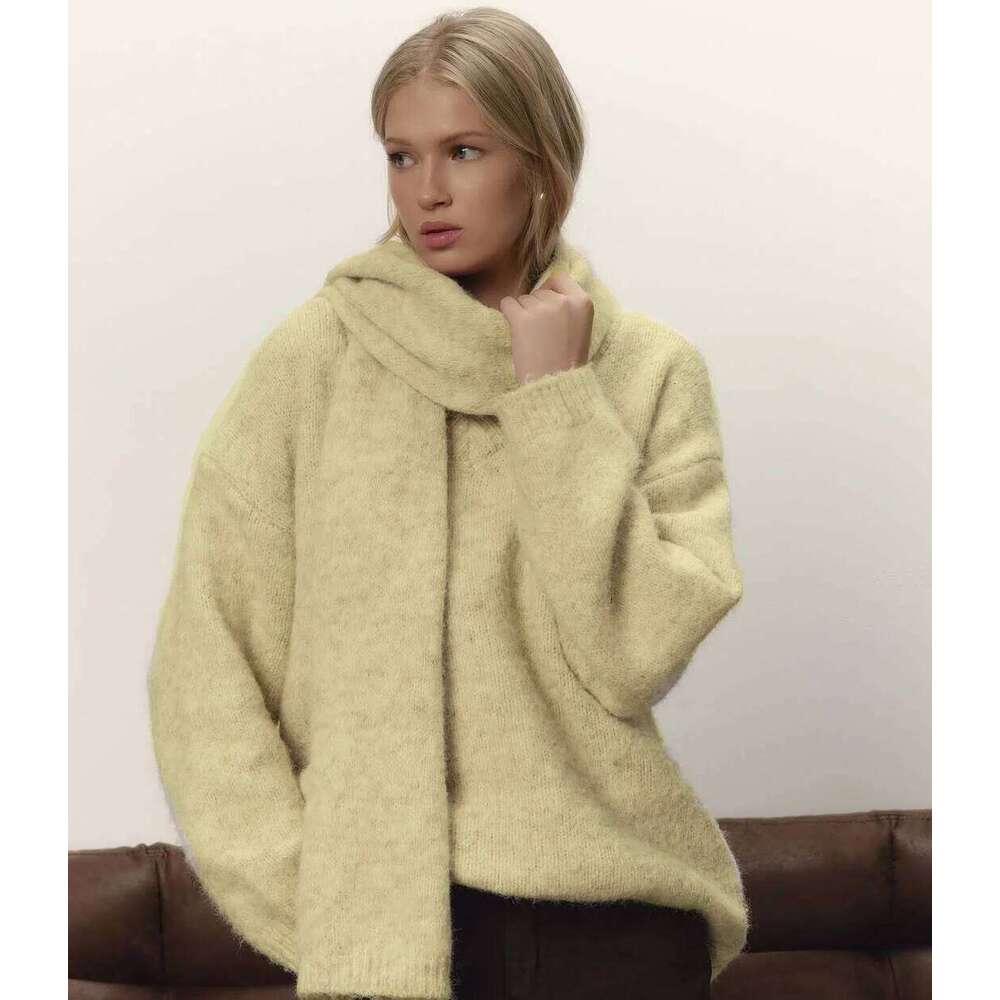 Hirsionsan 2025 New Soft Loose V Neck Knitted Sweaters Women Winter Solid Female Pullovers & Scarf Warm Basic Knitwear Jumper Women Sweater Designer S