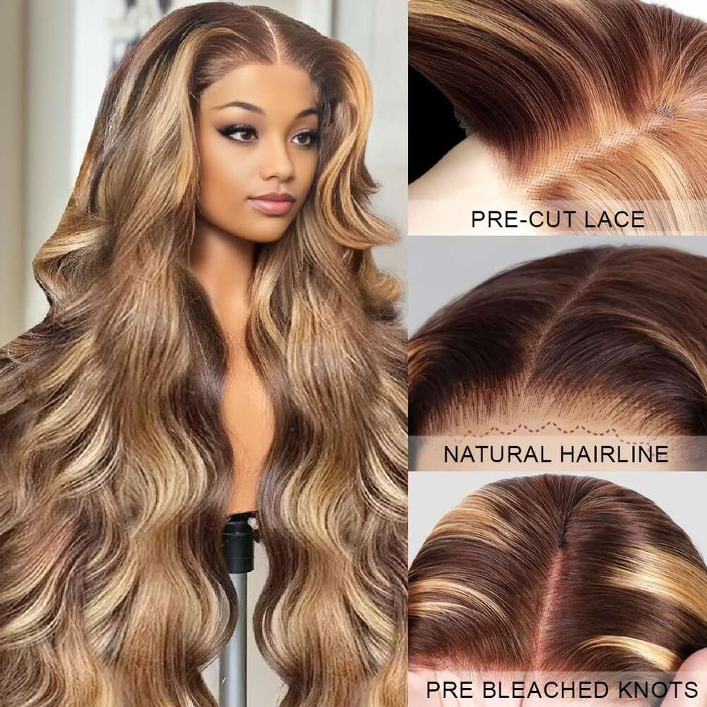 Glueless Human Hair Wig With 7X5 Front - Ombre Highlight #Fb30 Balayage Blonde/Brown Pre-Bleached Invisible Knots, 250% Density Body Wave Brown To Blo