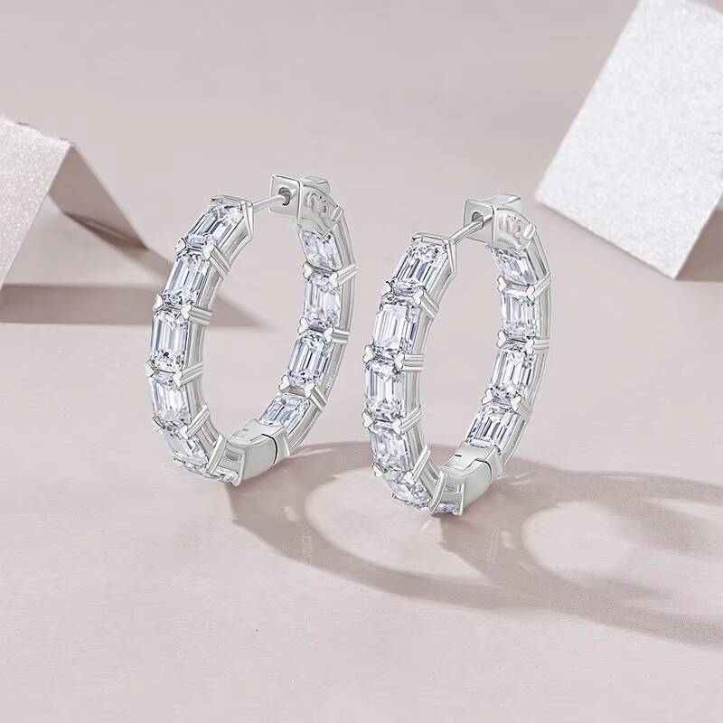 Emerald Cut VVS1 Moissanite Large Hoop Earrings 925 Sterling Earring with Moissanite Women Luxury Gemstone Earrings