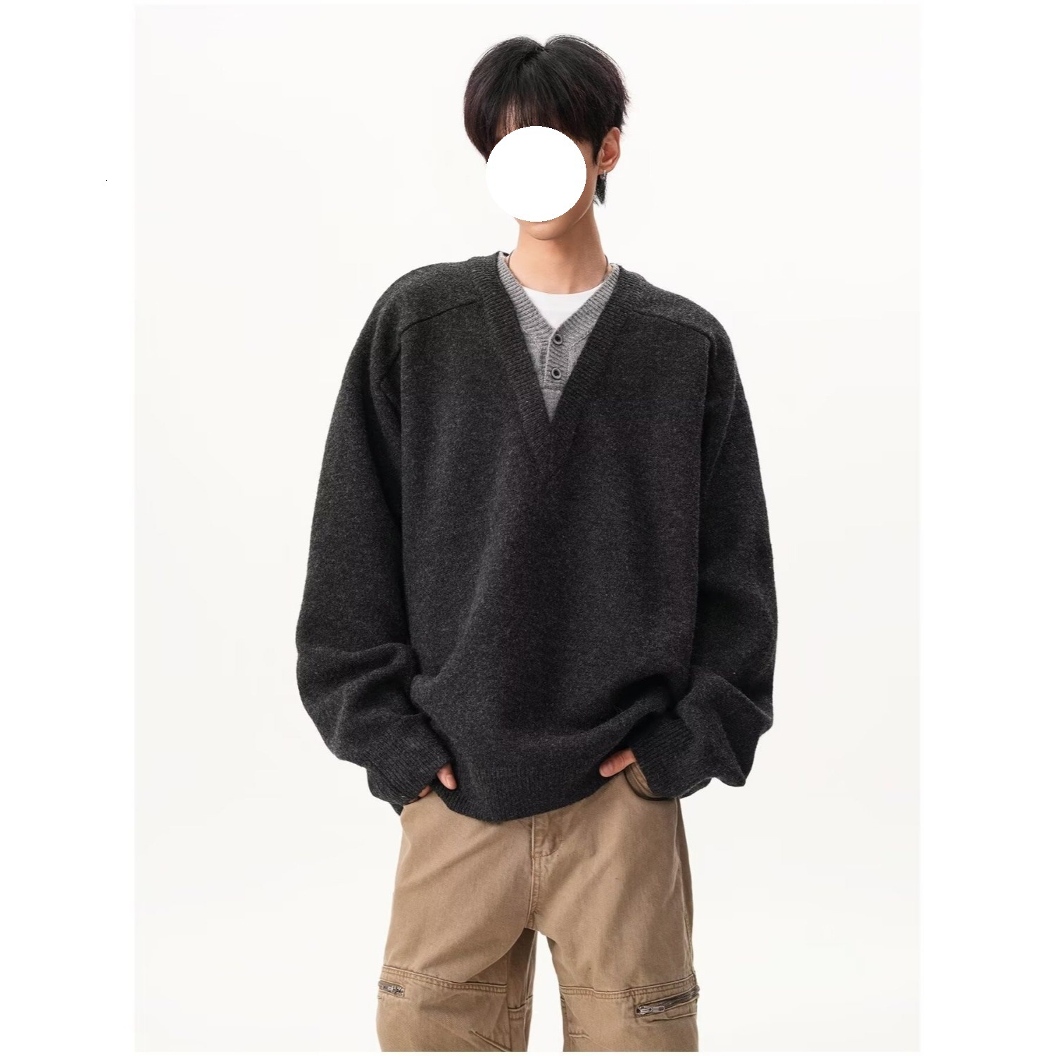 Old Money Style New Rich V-neck Fake Two-piece Sweater Men Autumn High Sense Of Design Lazy Knitted Sweater High-end Couple Designer Sweater Wool Swea
