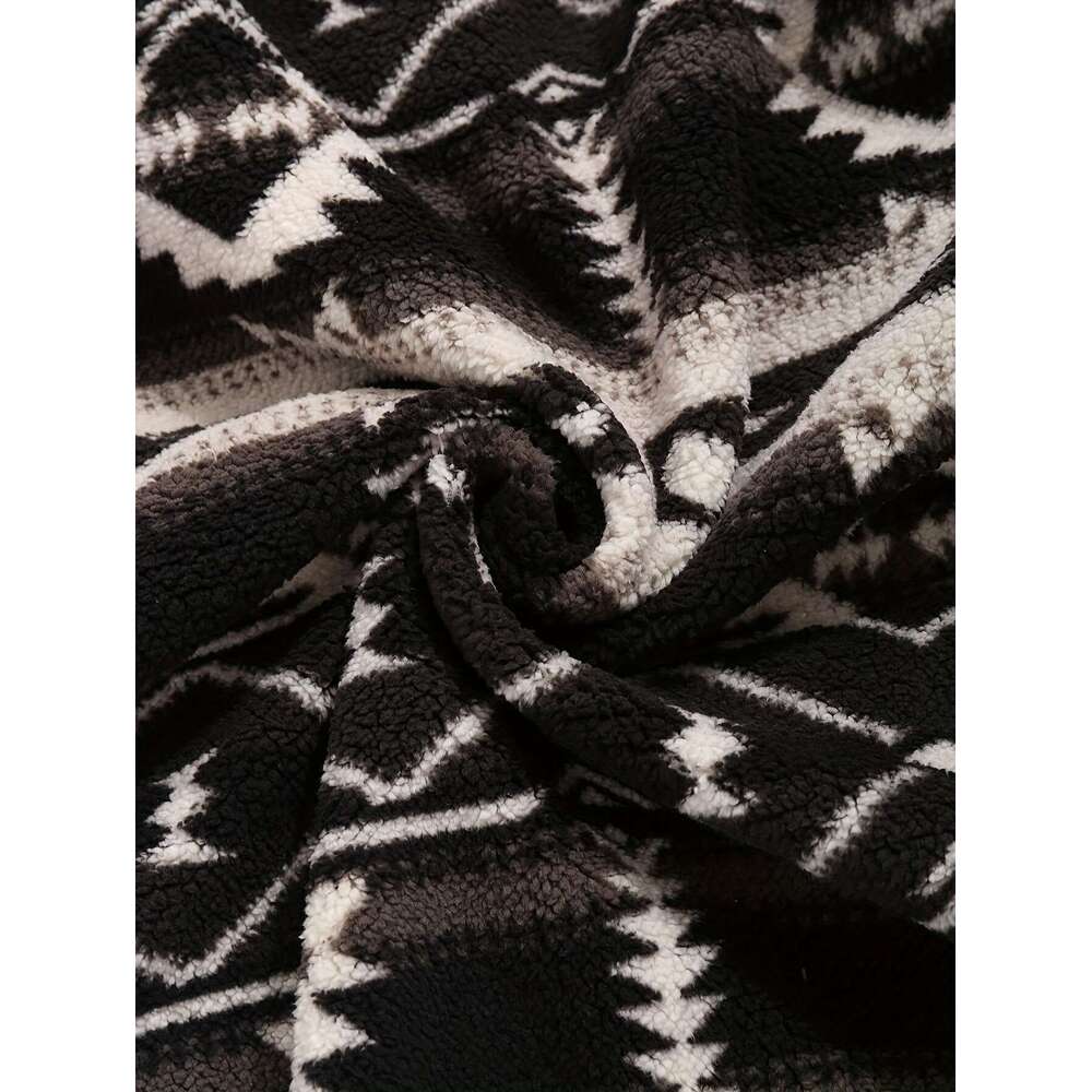 Ethnic Style Geometric Pattern, Men's Loose Polar Fleece Hoodie For Winter & Fall, Hooded Sweatshirt With Drawstring And Kangaroo Pocket