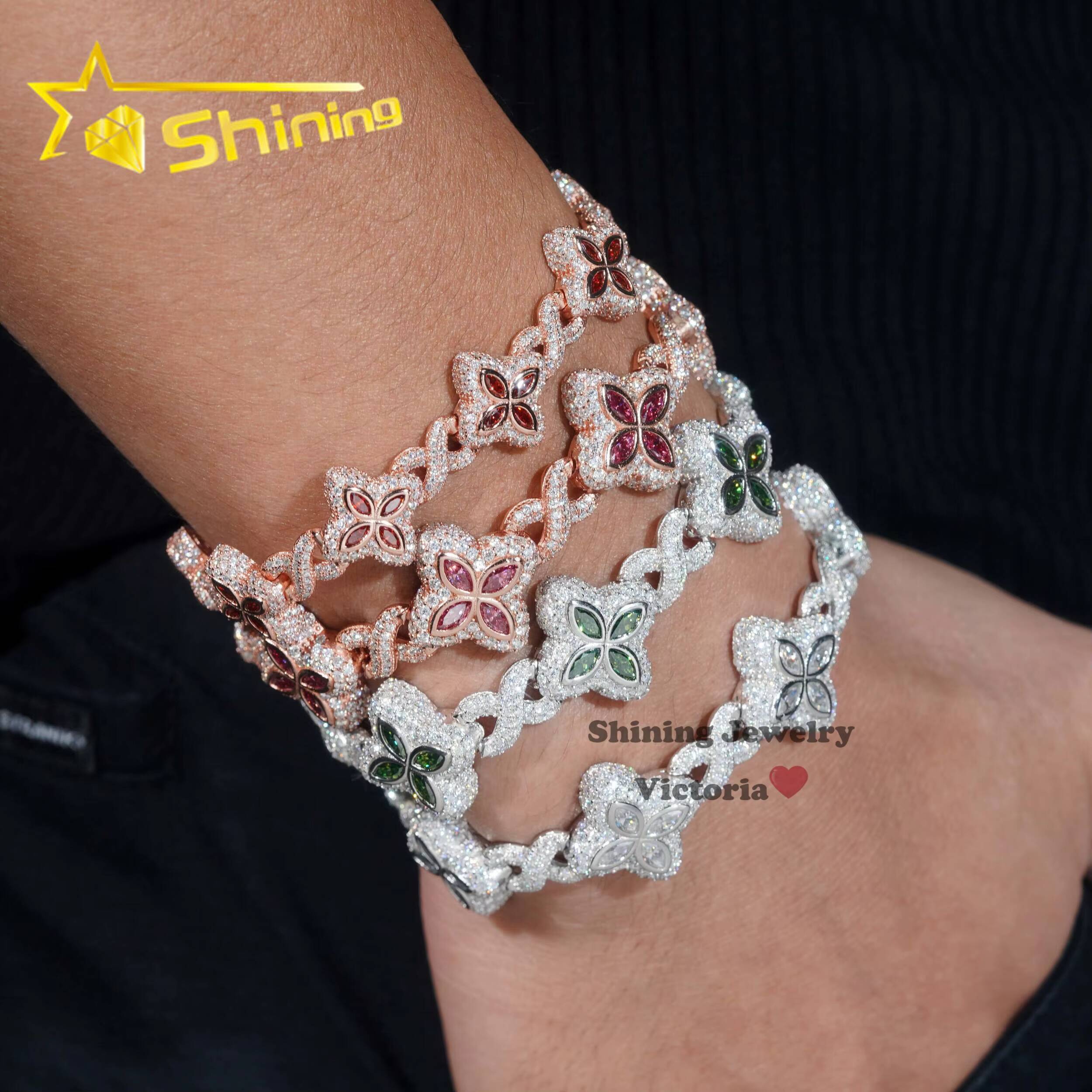 Shining Jewelry 2024 New Arrivals Fashion Jewelry 925 Sterling Silver Vvs Moissanite Diamond Four Leaf Clover Tennis Bracelet