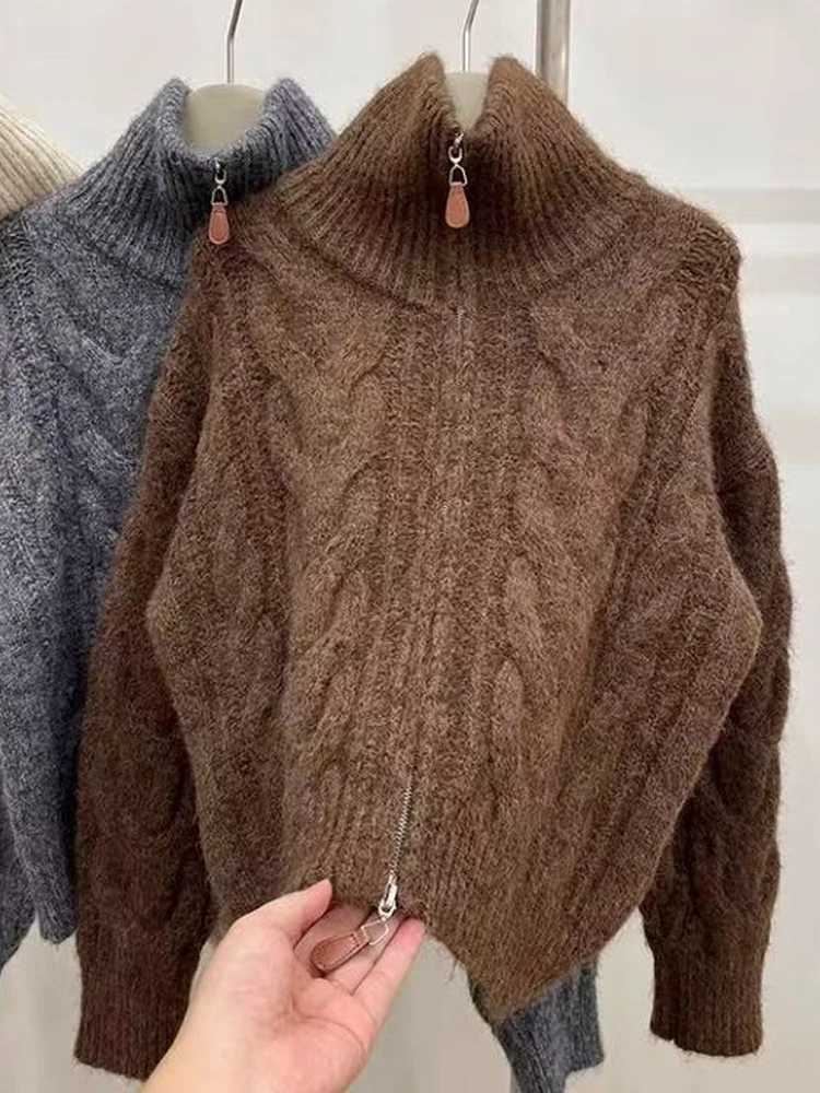 Autumn/Winter Zipper Cardigan Sweater Women Turtleneck Loose Casual Cardigan Retro Solid Knitted Jackets Sweet Soft KnitwearT251125
