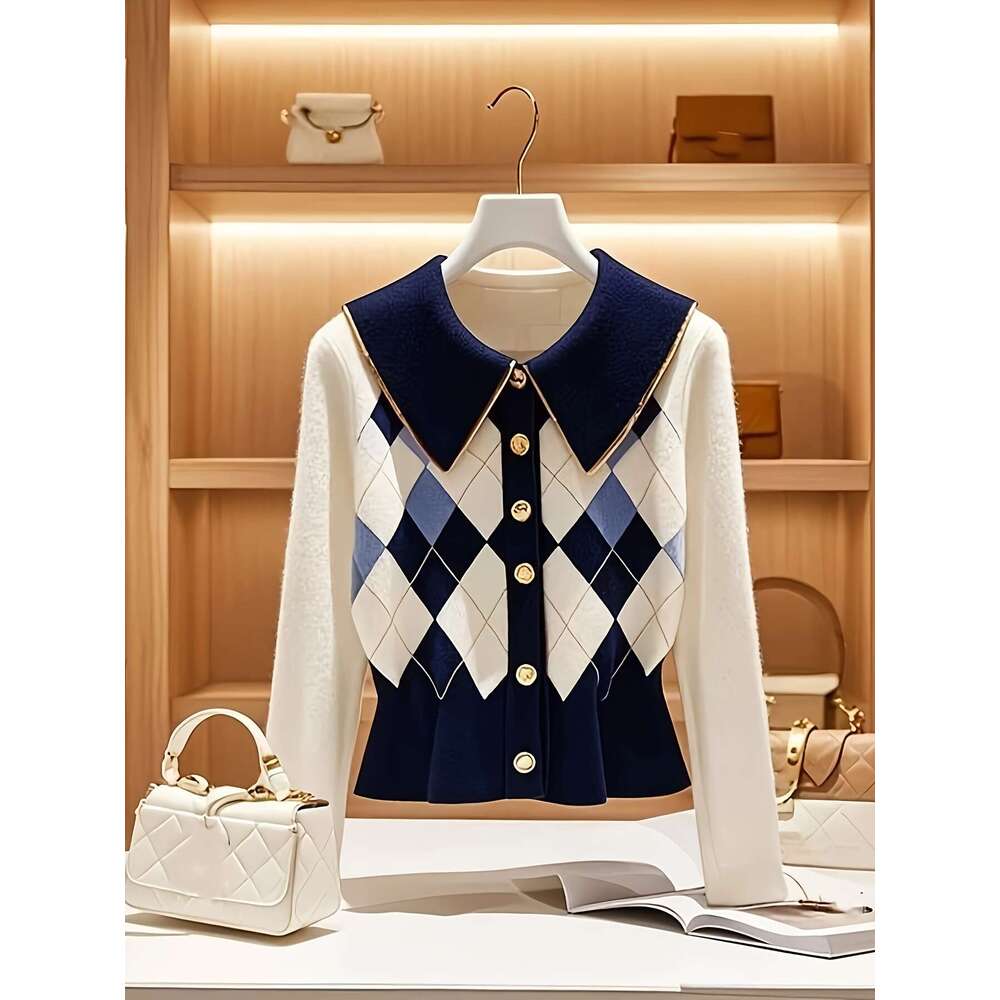 Elegant Blazer Elegant Women's Tailored Blazer Navy & White Contrast, Golden-Tone Buttons, Dia-Patterned, Hine Washable, Structured Collar For