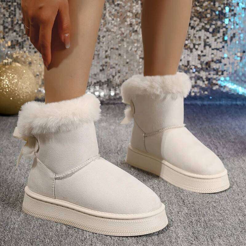 New Fashionable Bow Round Toe Elegant Snow Boots Winter Flat Wear-resistant Soft Students Plus Veet Warm Women's Shoes