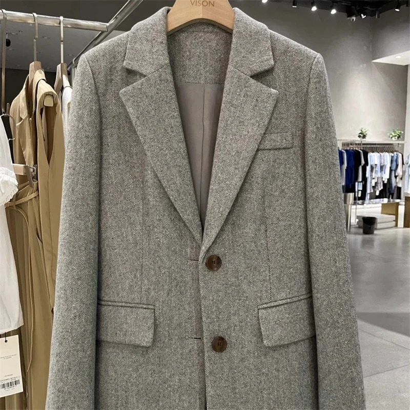 High Quality Grey Herringbone Women Woolen Blazers Coat Casual Top Office Wool Singlebreasted Suit Jacket Autumn Winter 251027