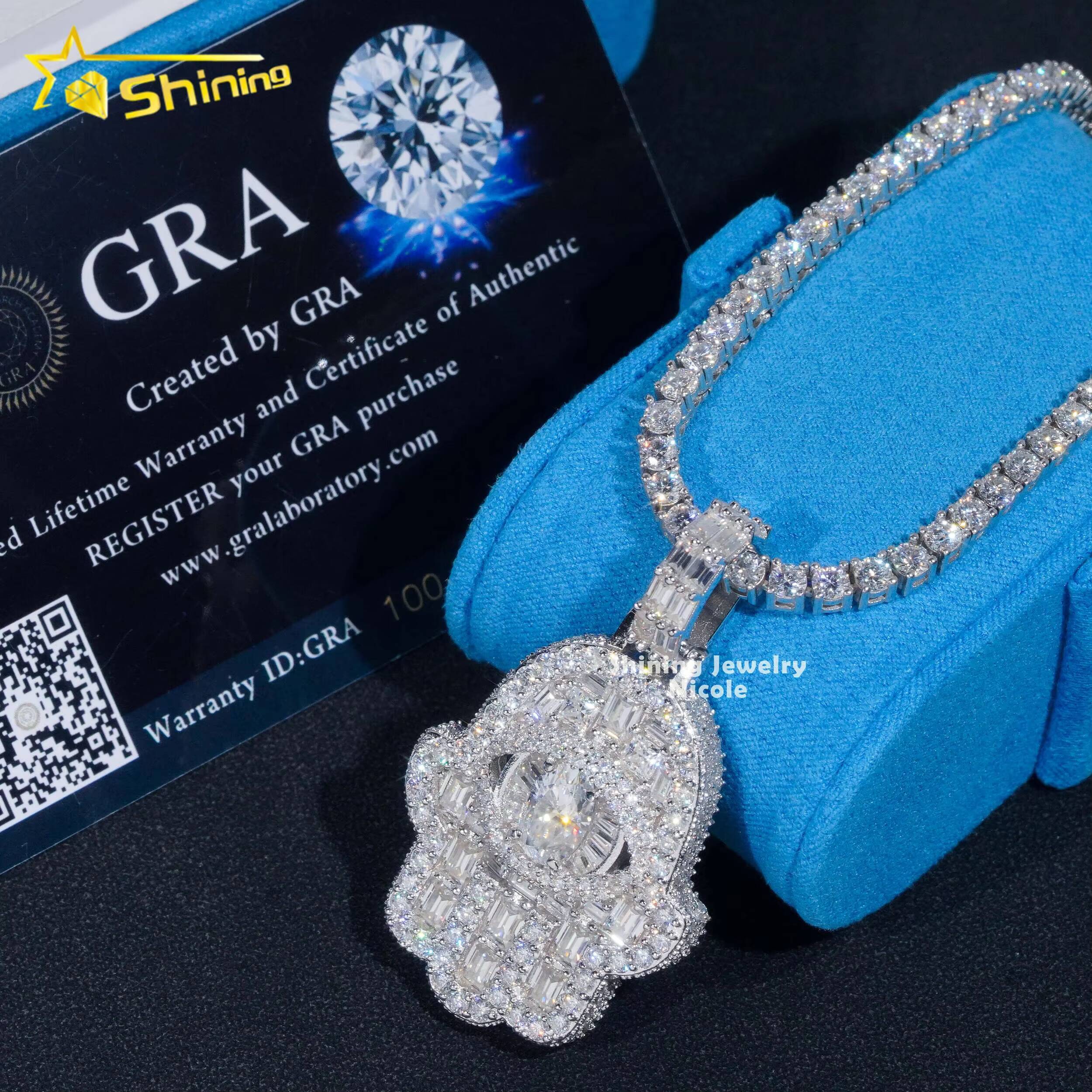 Fully Iced Out Luxury Bling Hip Hop VVS Moissanite Diamond Hamsa Hand 925 Silver Pendant