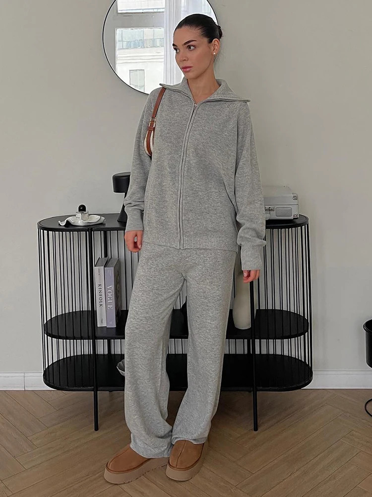 Loose Jacket Pants Knitted Lady Set Solid Color Zipper Jackets High Waist Trousers Casual Street Women Warm TwoPiece Suits 251013