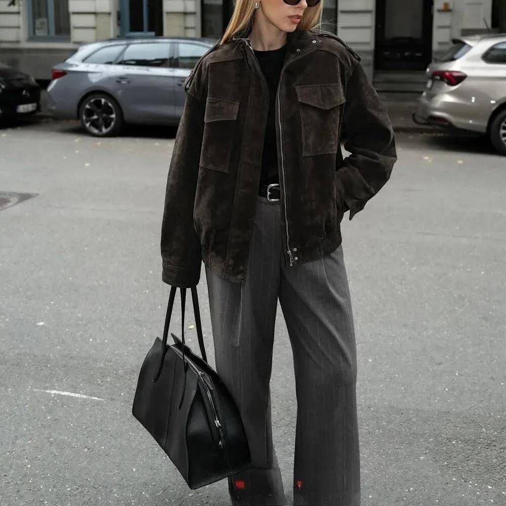 winter jacket women KONDALA Chic Suede Bomber Jackets Women Long Sleeve Pocket Straight Loose Coat Fashion 2025 Fall Winter Streetwear Outwear