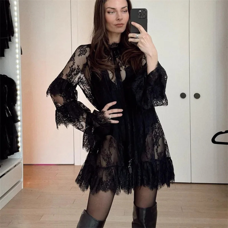 hirigin Women Lace Sheer Dress Sexy See Through Mesh Long Sleeve High Neck Floral Cover Up Cocktail Party Mini Dresses 251027