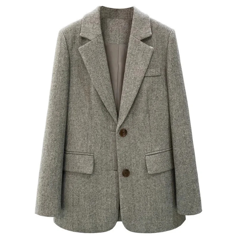 High Quality Grey Herringbone Women Woolen Blazers Coat Casual Top Office Wool Singlebreasted Suit Jacket Autumn Winter 251027