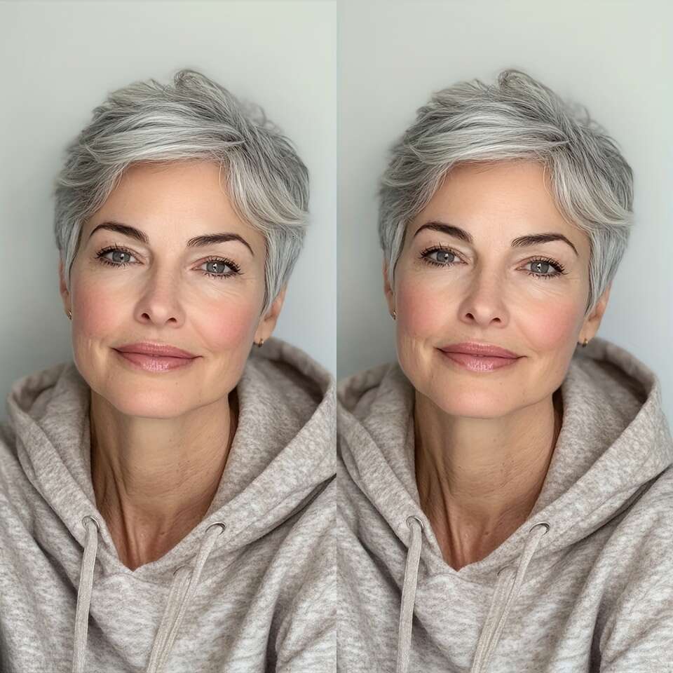 Women's Brazilian Remy Human Hair Wig Ash Grey Pixie Cut With Bangs, 180% Density Looking Layered Hair, Straight Salt Pepper Short Style Daily We