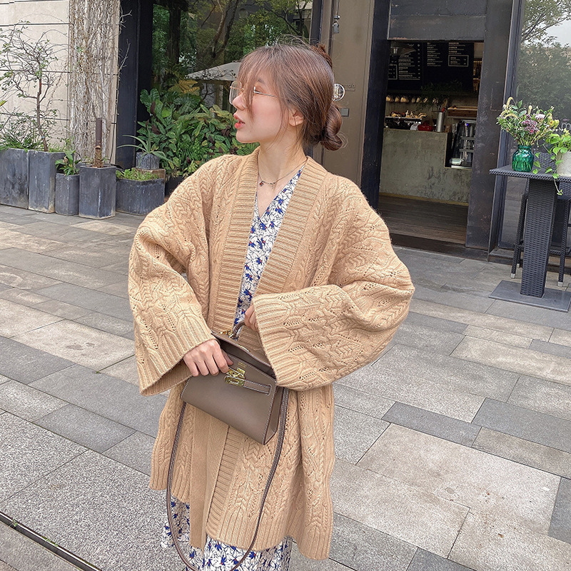 New fashion designer cashmere knitted cardigan oversized sweater elegant lazy style elastic waist knitted top