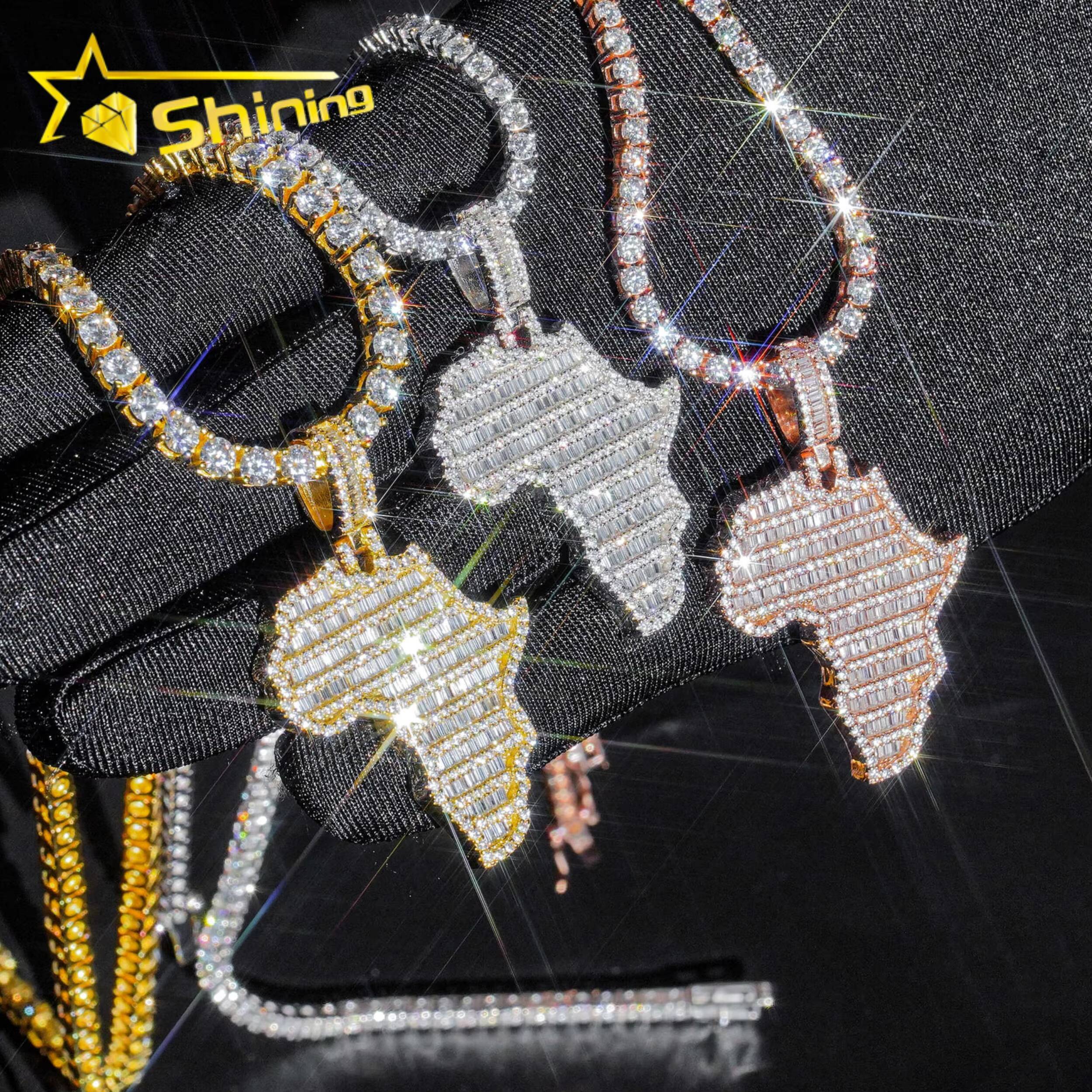 VVS Moissanite Hip Hop Jewelry baguette Diamond Africa Map Pendant 925 Sterling Silver Iced Out Jewelry Custom Made Map Pendants