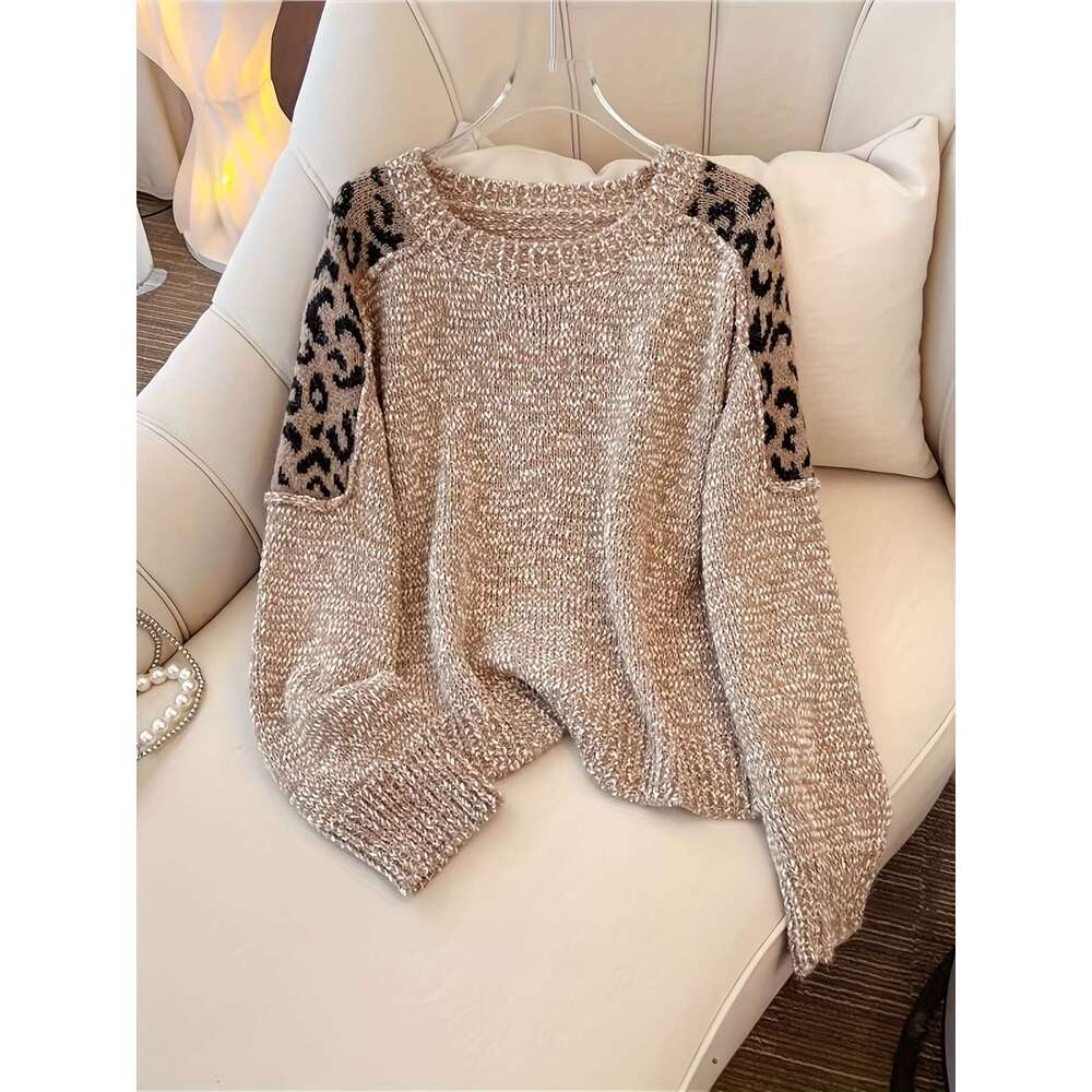Vintage Stylish Leopard Print Pullover Sweater For Women, Autumn And Winter Top.